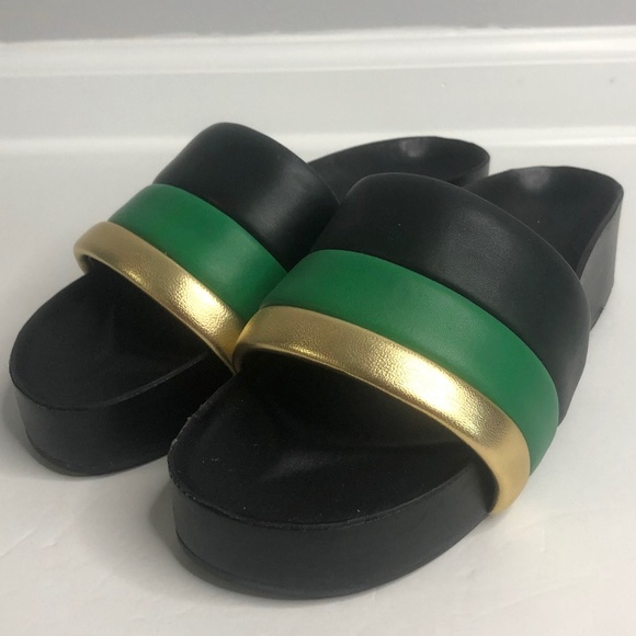 Sandro Black Green/Gold Striped Platform Slide on Sandals Size 37 - Picture 3 of 10